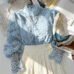 New Women's Long Sleeve High Neck  Chic Blouse, Lace Paneled Hollow Sleeve Elegant Top, Vintage Fashion Office Lady Outfits